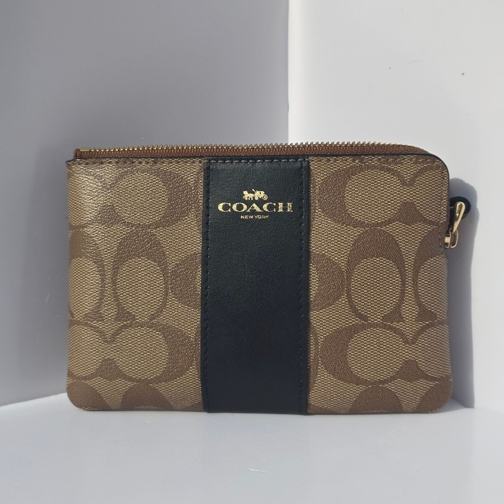 COACH Wristlet Wallet Brown Signature Canvas Black Stripe Zip Pouch - Picture 2 of 8